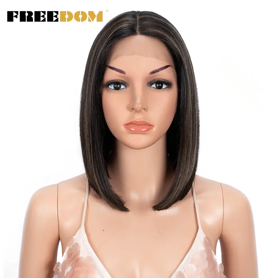 FREEDOM Short Bob Synthetic Lace Wig Straight Ombre Blue Pink Ginger Blonde Lace Wigs For Black Women Middle Part Cosplay Wig