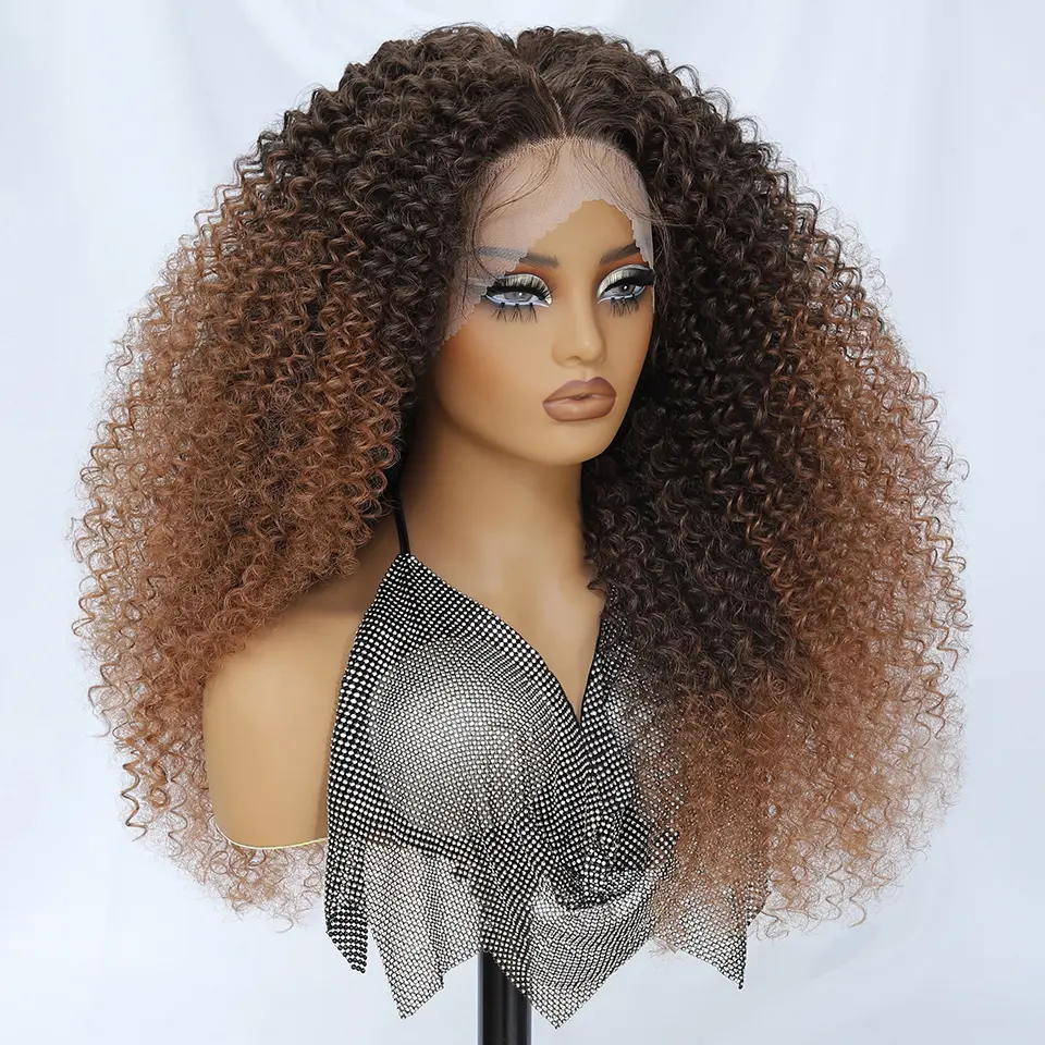 Fluffy Ombre T-Part Kinky Curly Synthetic Lace Front Wig 13x5x1.5 Long Ginger Blue Black Lace Curly Wig for Daily Party Cosplay