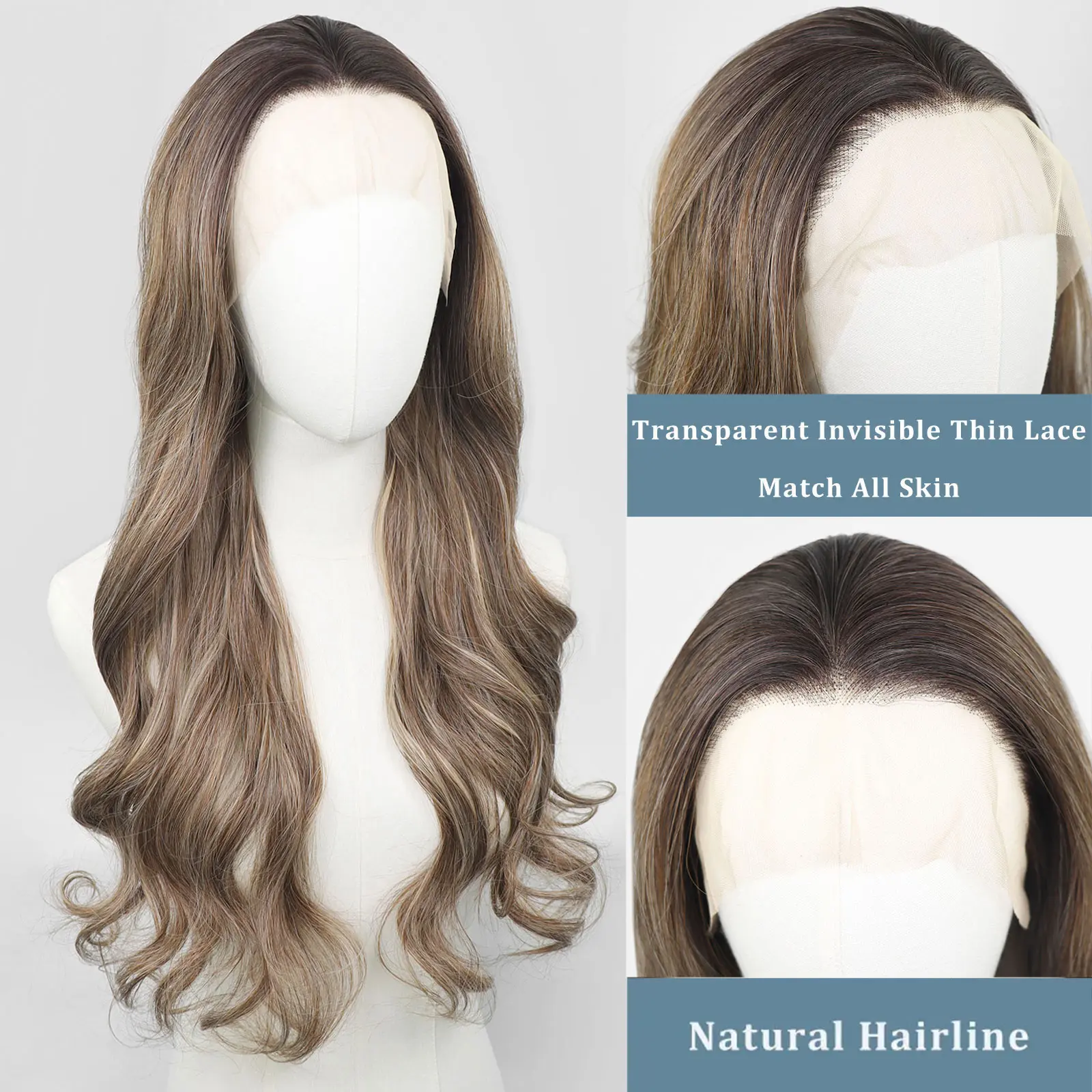 Natural Wave Ombre Ash Brown Highlight Synthetic Lace Front Wigs For Women 13x4 Brown Wavy Wig Natural Hairline Daily Use 150%