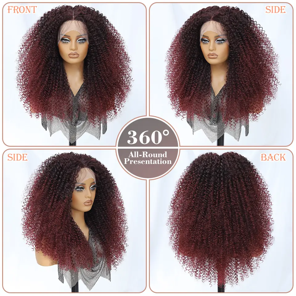 Fluffy Ombre T-Part Kinky Curly Synthetic Lace Front Wig 13x5x1.5 Long Ginger Blue Black Lace Curly Wig for Daily Party Cosplay