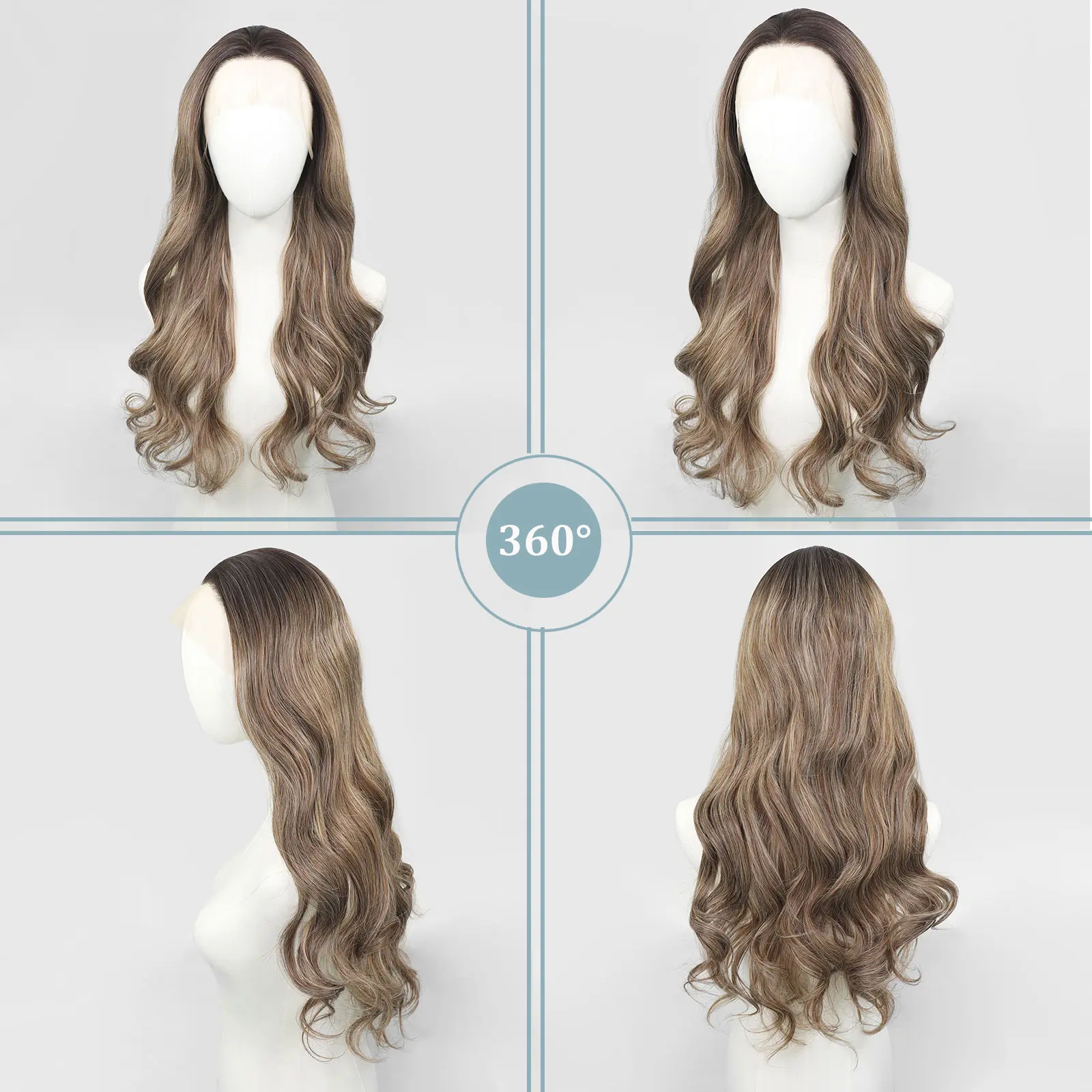 Natural Wave Ombre Ash Brown Highlight Synthetic Lace Front Wigs For Women 13x4 Brown Wavy Wig Natural Hairline Daily Use 150%