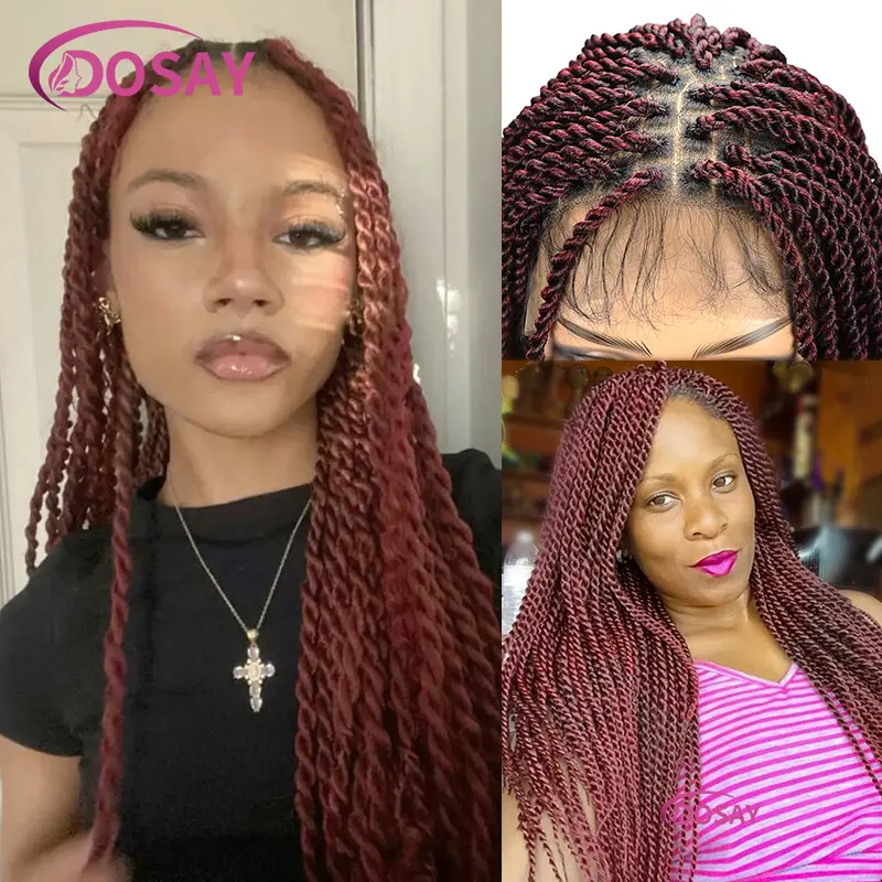 Synthetic Goddess Faux Locs Braided Wigs For Black Women Burgundy Twist Full Lace Braided Wigs Box Braid Lace Front Wig Dosay
