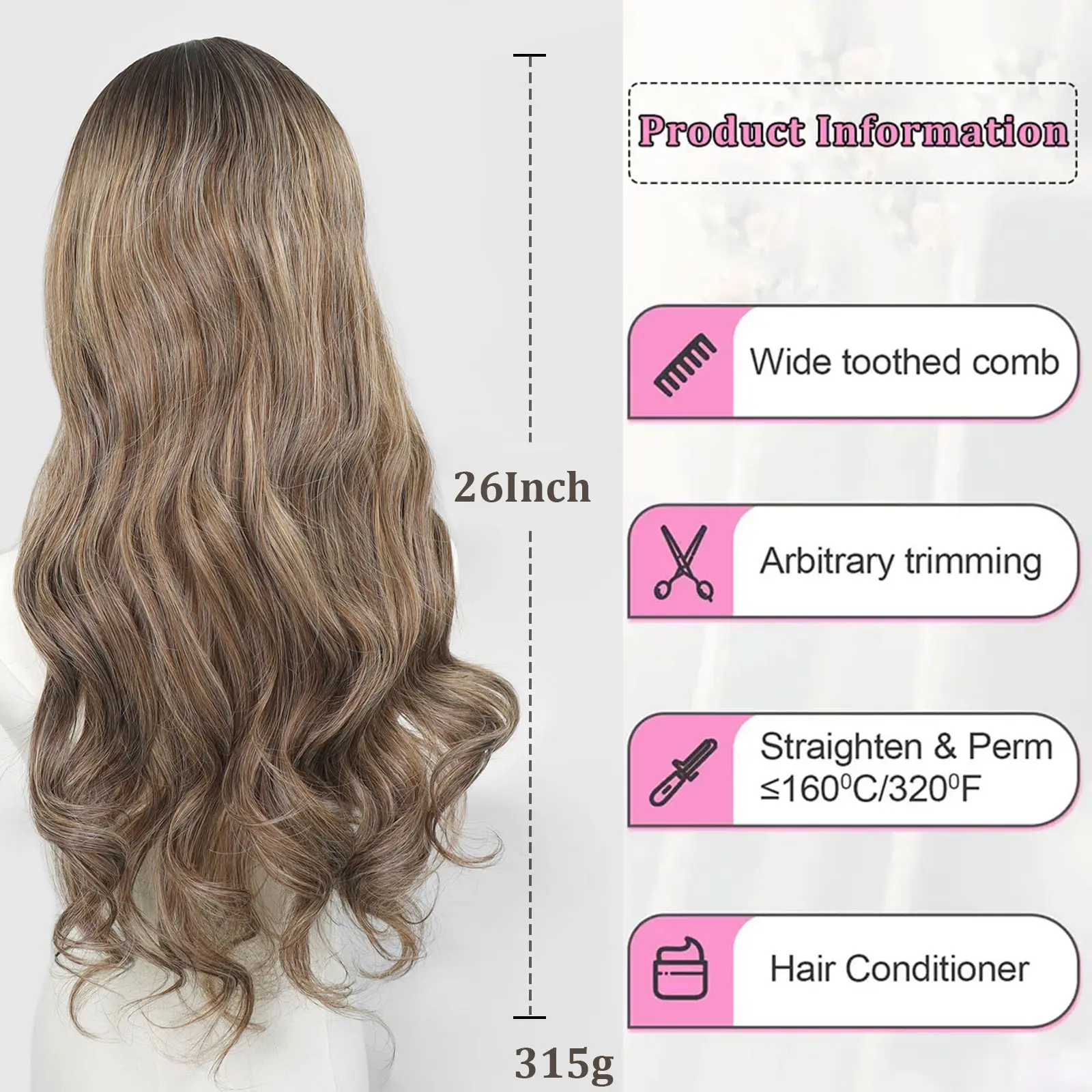 Natural Wave Ombre Ash Brown Highlight Synthetic Lace Front Wigs For Women 13x4 Brown Wavy Wig Natural Hairline Daily Use 150%
