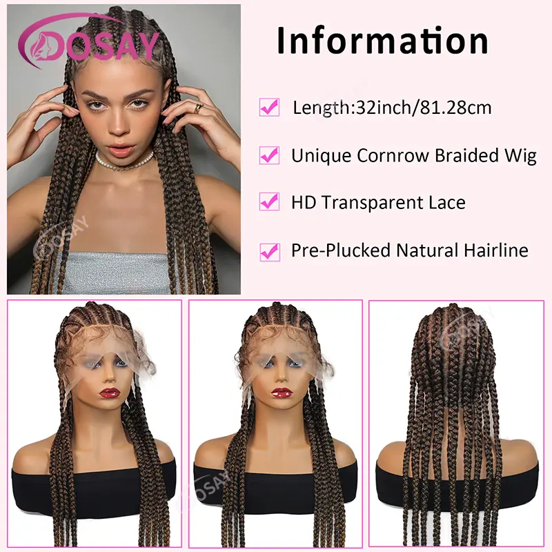 Full Lace Knotless Box Braided Wig for Women - Heart Synthetic Cornrow Box Style Braided Wig for Daily Use