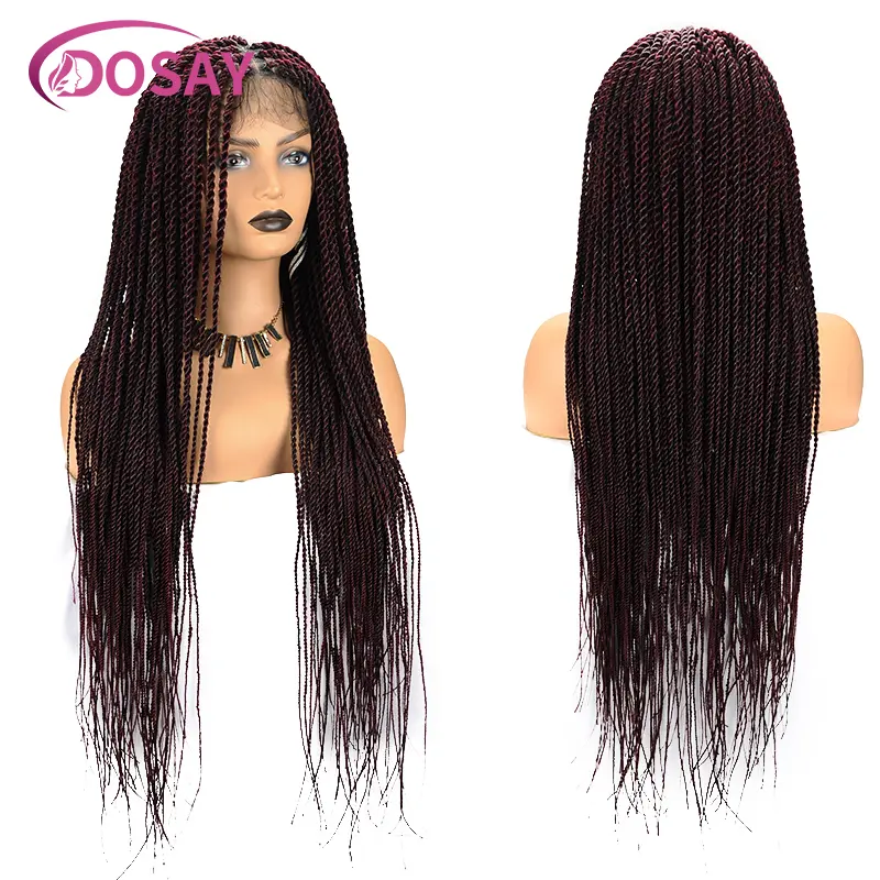 Synthetic Goddess Faux Locs Braided Wigs For Black Women Burgundy Twist Full Lace Braided Wigs Box Braid Lace Front Wig Dosay