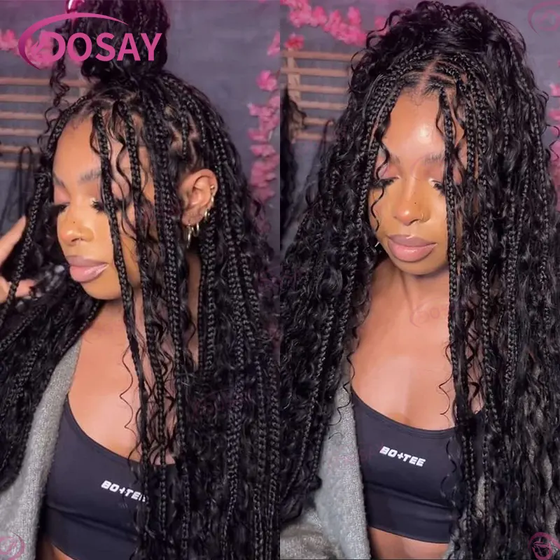 Boho Box Braided Wigs Synthetic Curly Wig Full Lace Front Wigs For Women 32" Goddess Braids Wig African Bohemian Braiding Hair