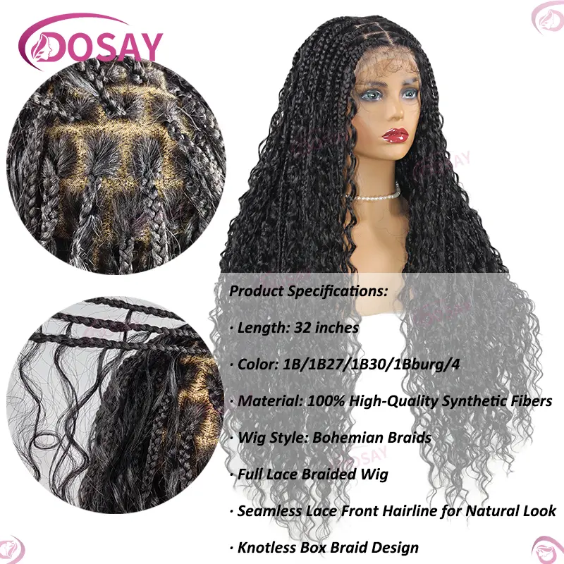 Boho Box Braided Wigs Synthetic Curly Wig Full Lace Front Wigs For Women 32" Goddess Braids Wig African Bohemian Braiding Hair