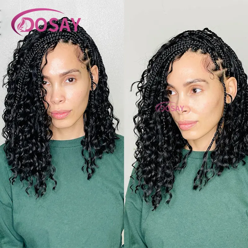 12" Short Boho Box Braids Bohemian Braided Wigs Full Lace Front Wig for Black Women Synthetic Curly Hair with Baby Hair