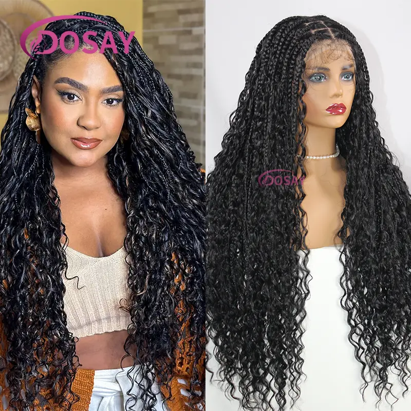 Knotless Box Braided Wigs with Curly Hair Synthetic Bohemia Full Lace Braid Lace Wigs Long Boho Braided Bob Wigs for Black Women