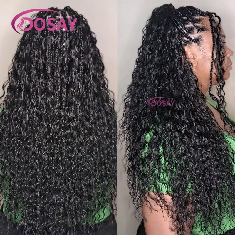 Knotless Box Braided Wigs with Curly Hair Synthetic Bohemia Full Lace Braid Lace Wigs Long Boho Braided Bob Wigs for Black Women