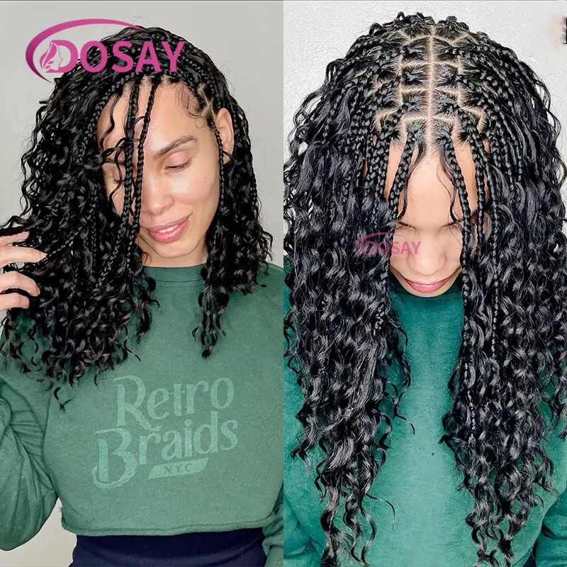 12" Short Boho Box Braids Bohemian Braided Wigs Full Lace Front Wig for Black Women Synthetic Curly Hair with Baby Hair
