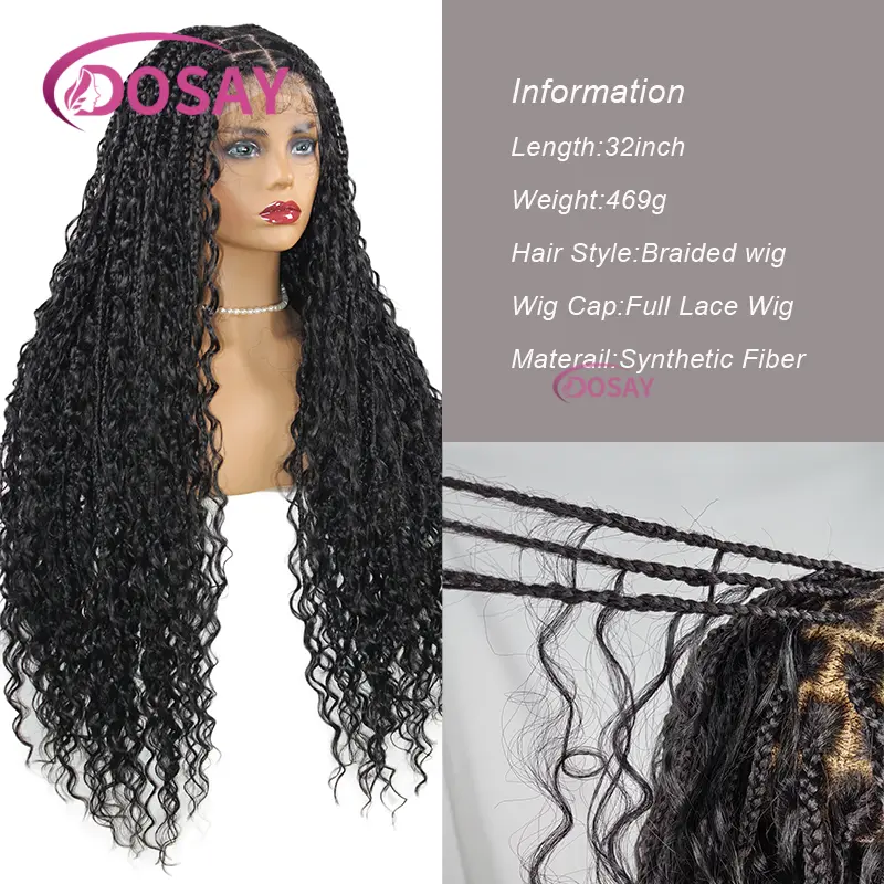 Knotless Box Braided Wigs with Curly Hair Synthetic Bohemia Full Lace Braid Lace Wigs Long Boho Braided Bob Wigs for Black Women