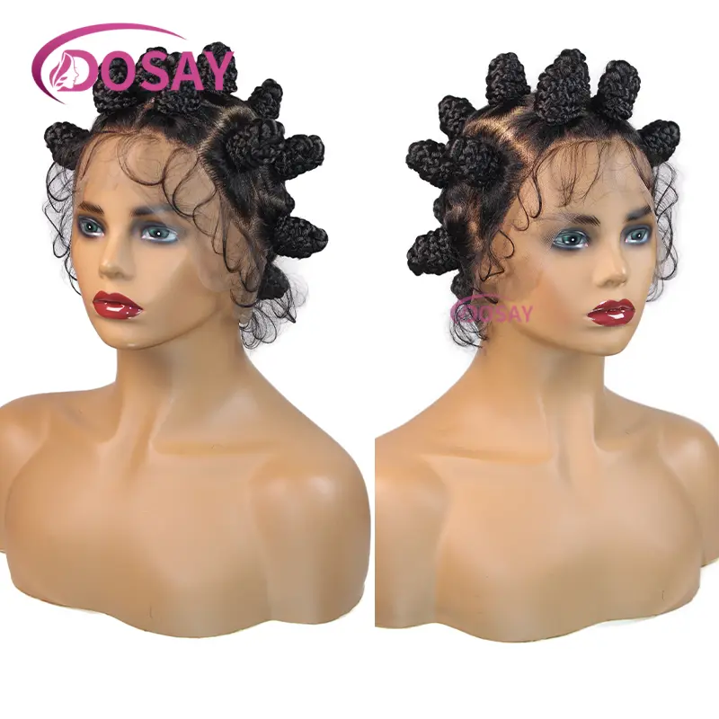Synthetic Bantu Knots Braided Wigs for Black Women 16inches Knotless Box Braided Wig Full Lace Wigs with Baby hair HD Lace Wigs