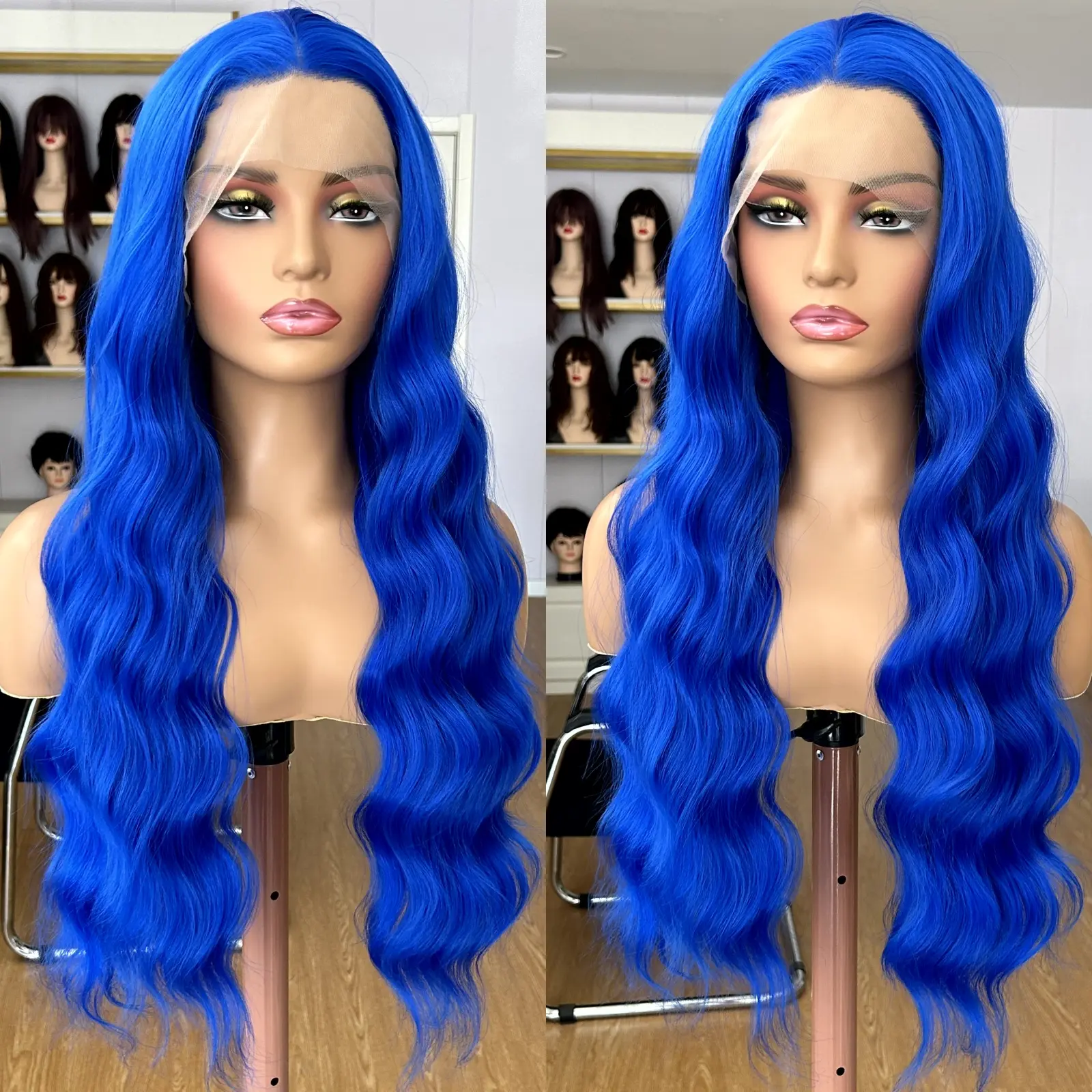 Royal Blue Long Curly Wavy Wigs for Women Synthetic Free Part Loose Deep Wave Natural Hair Heat Resistant Fiber Wigs for Women