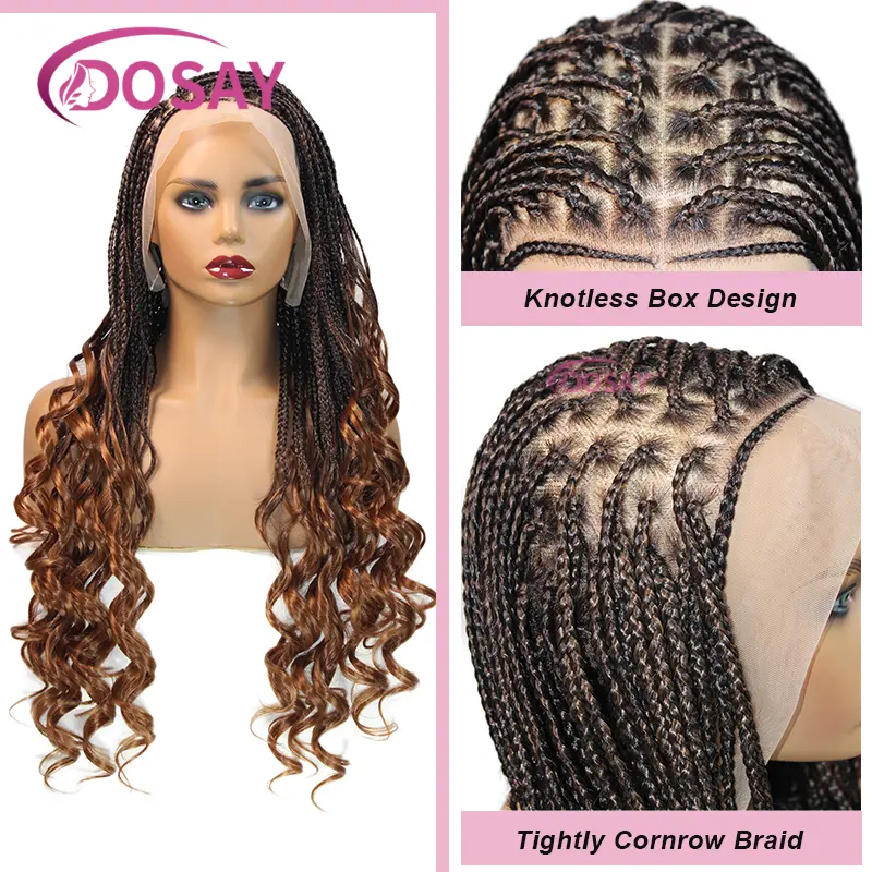 28" Blonde French Curls Synthetic Cornrow Braided Lace Wigs For Black Women Knotless Box Braiding Hair Full Lace Braided Wigs