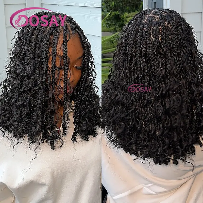 12"Boho Box Braided Wigs Crochet Synthetic Hair Goddess Cornrow Box Braids With Curly Ends Bohomian Braids For Black Women