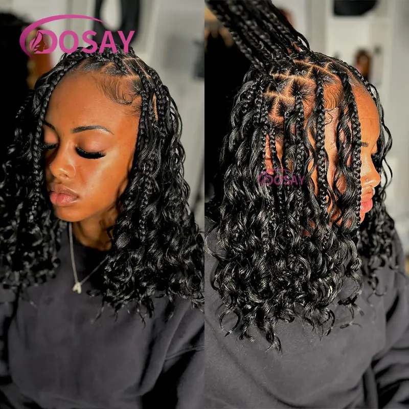 12"Boho Box Braided Wigs Crochet Synthetic Hair Goddess Cornrow Box Braids With Curly Ends Bohomian Braids For Black Women