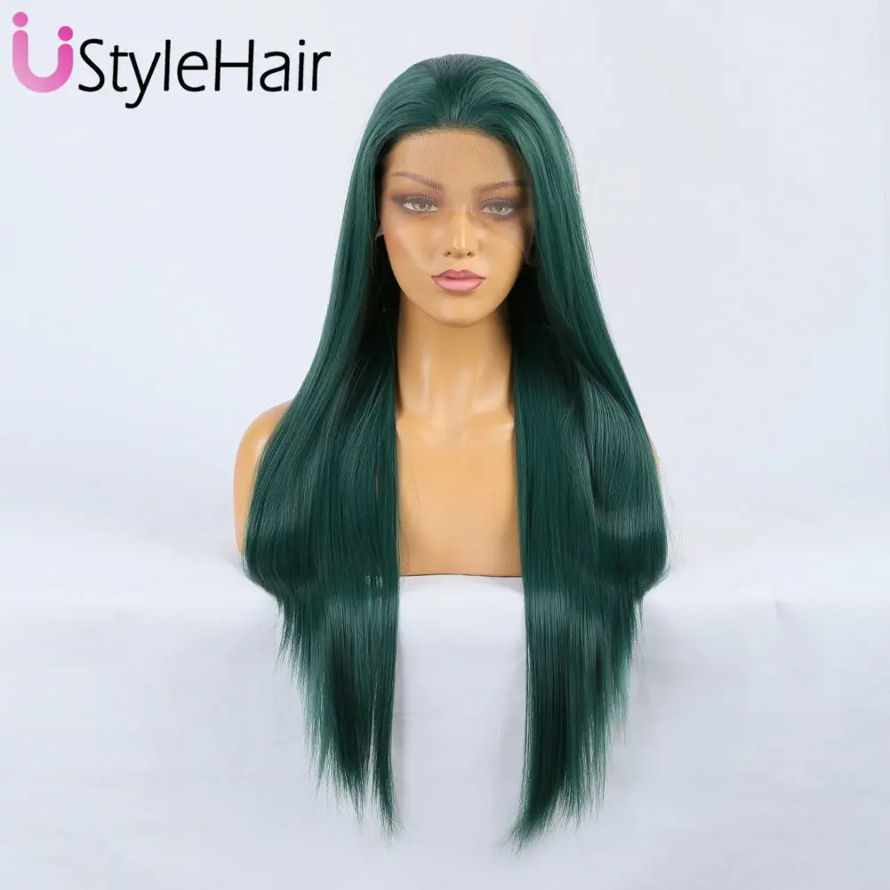 Dark Green Lace Front Wig Long Silky Straight Synthetic Hair 13X4 Natural Looking Glueless Daily Use Wig Heat Resistant Cosplay