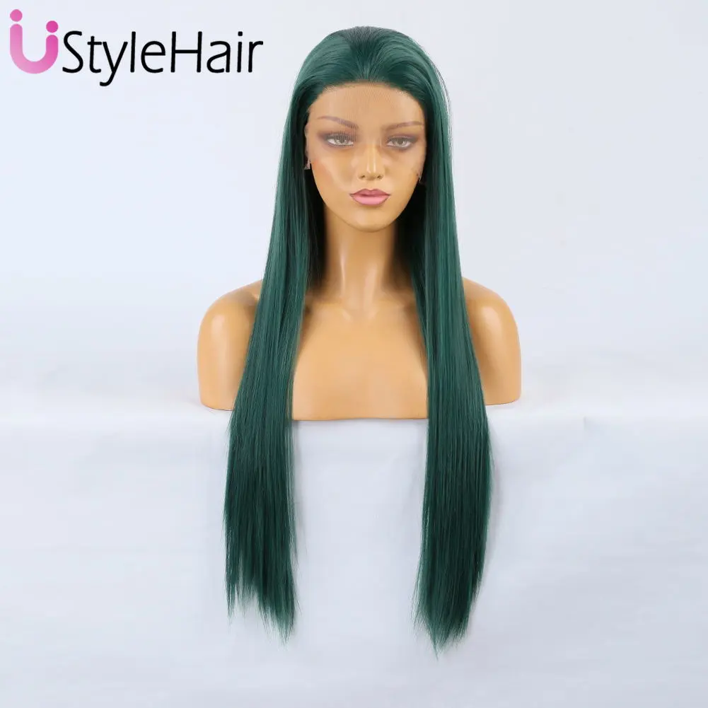 Dark Green Lace Front Wig Long Silky Straight Synthetic Hair 13X4 Natural Looking Glueless Daily Use Wig Heat Resistant Cosplay