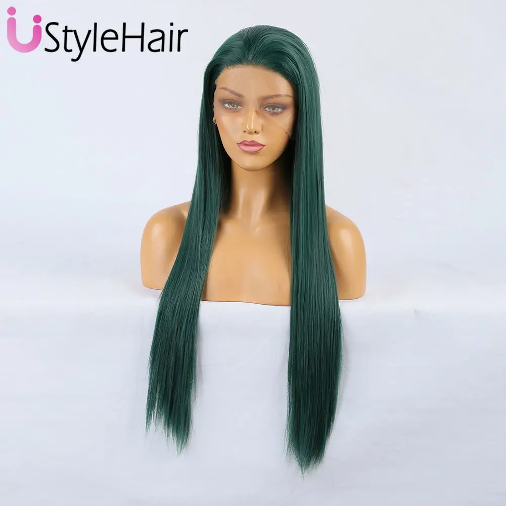 Dark Green Lace Front Wig Long Silky Straight Synthetic Hair 13X4 Natural Looking Glueless Daily Use Wig Heat Resistant Cosplay