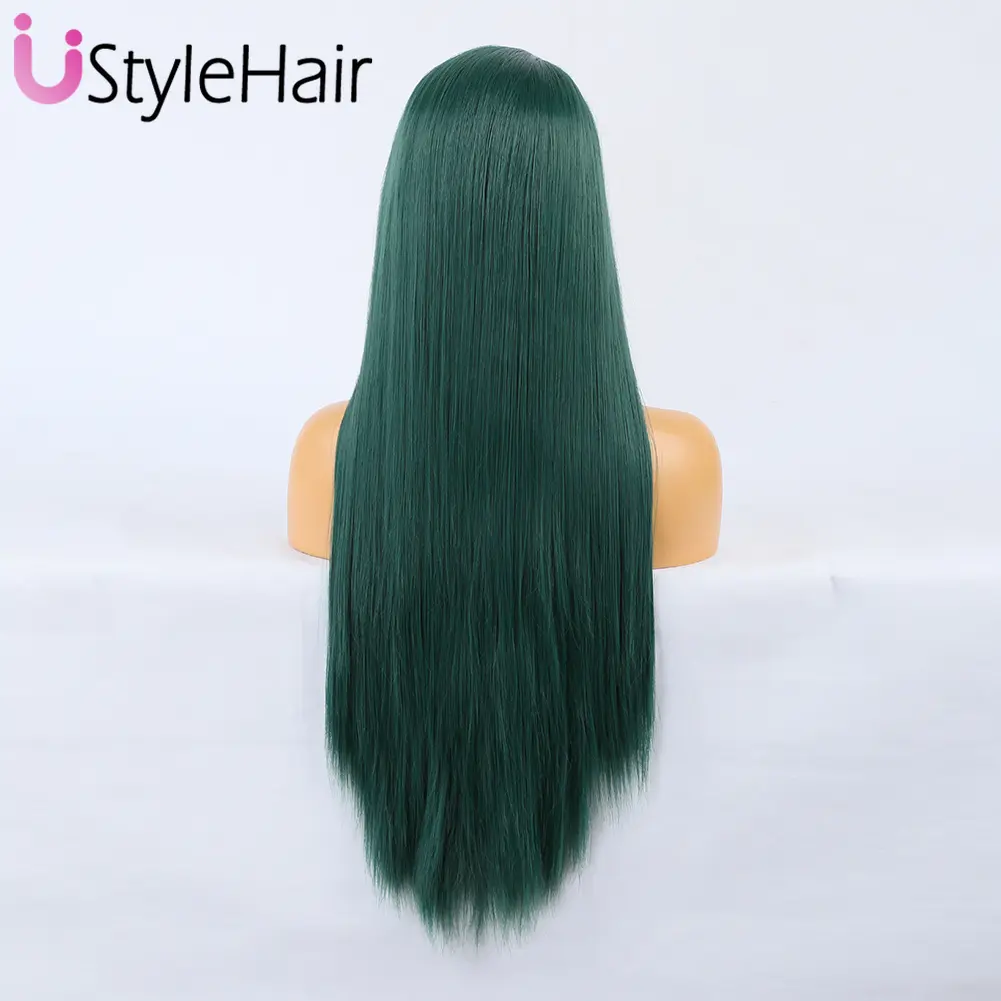 Dark Green Lace Front Wig Long Silky Straight Synthetic Hair 13X4 Natural Looking Glueless Daily Use Wig Heat Resistant Cosplay