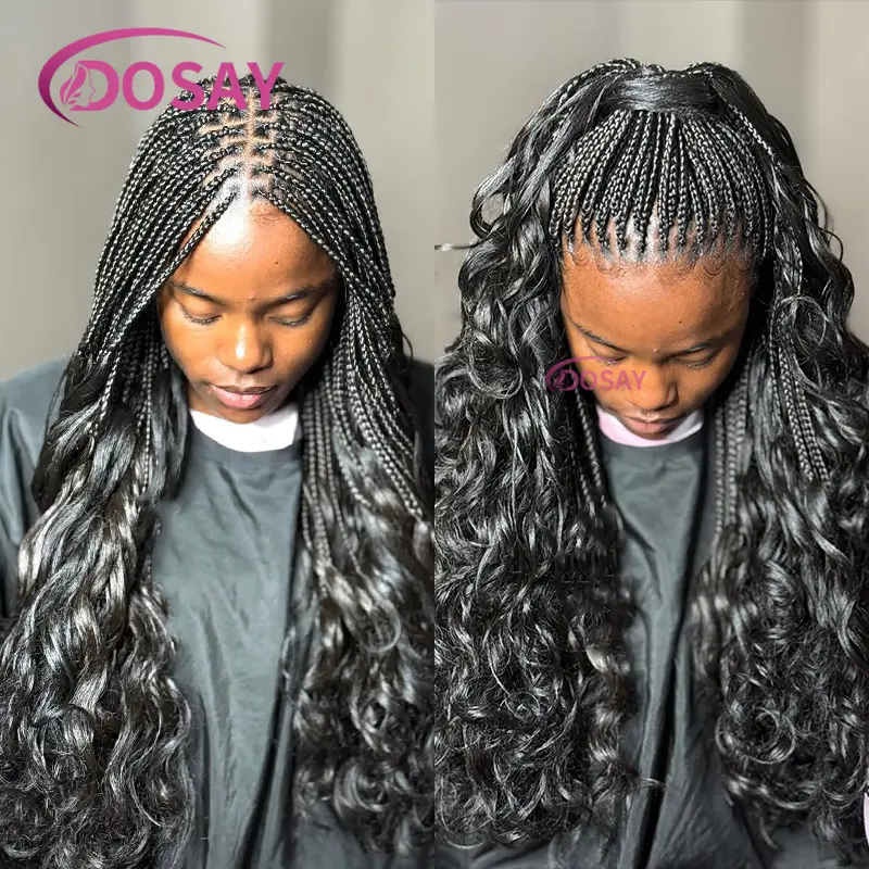 28" Knotless Box Braided Wigs with Curly Ends Synthetic Full Lace Braided Lace Wig French Curls Braided Wigs for Black Women