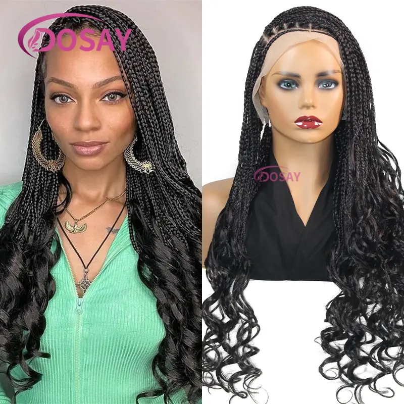 28" Knotless Box Braided Wigs with Curly Ends Synthetic Full Lace Braided Lace Wig French Curls Braided Wigs for Black Women