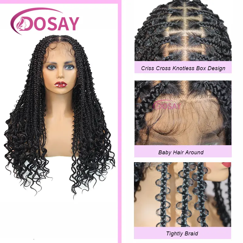 24" Synthetic Knotless Box Braided Wigs For Black Women Full Lace Front Wig With Baby Hair Braided African Wig With Curly Ends