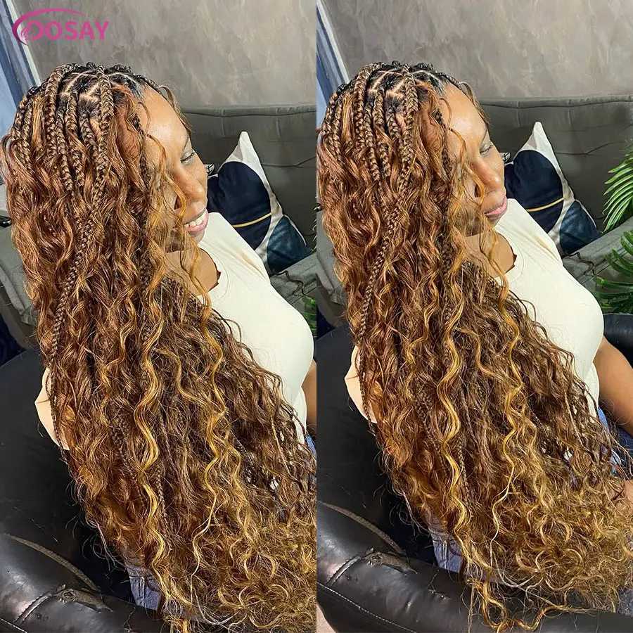 Synthetic Knotless Box Cornrows Braid Wigs With Curly Ends Square Part Braided Full Lace Wig For Women T1B 27 Blonde Braided Wig