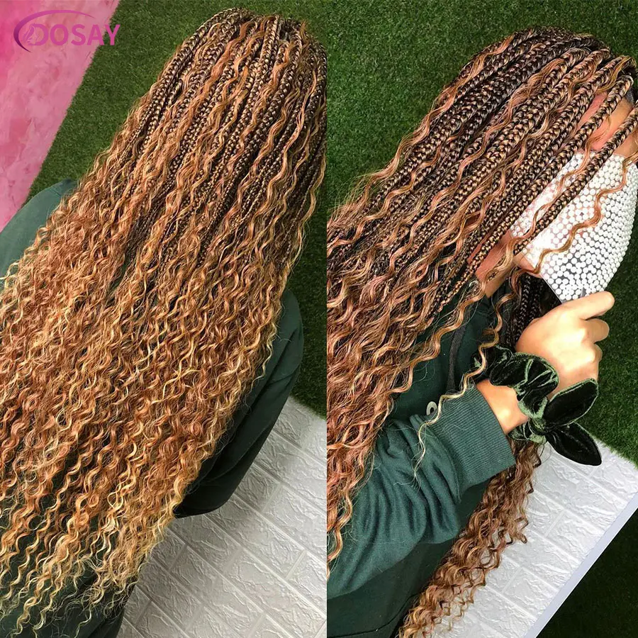 Synthetic Knotless Box Cornrows Braid Wigs With Curly Ends Square Part Braided Full Lace Wig For Women T1B 27 Blonde Braided Wig