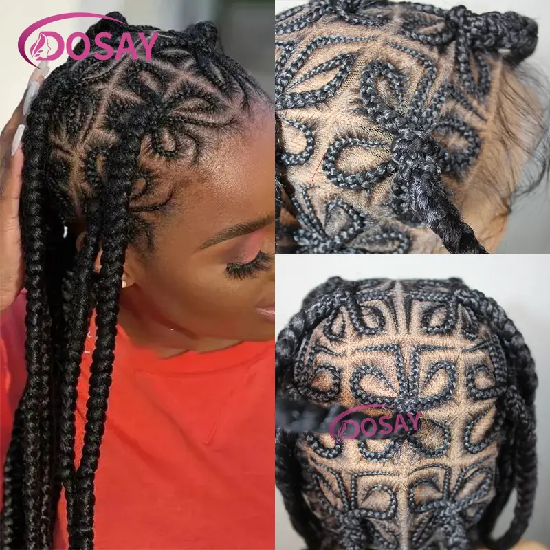 Synthetic Full Lace Wig For Women Flower Braided Wigs Knotless Butterfly Braids Wig With Baby Hair Wig Braid African 36Inch