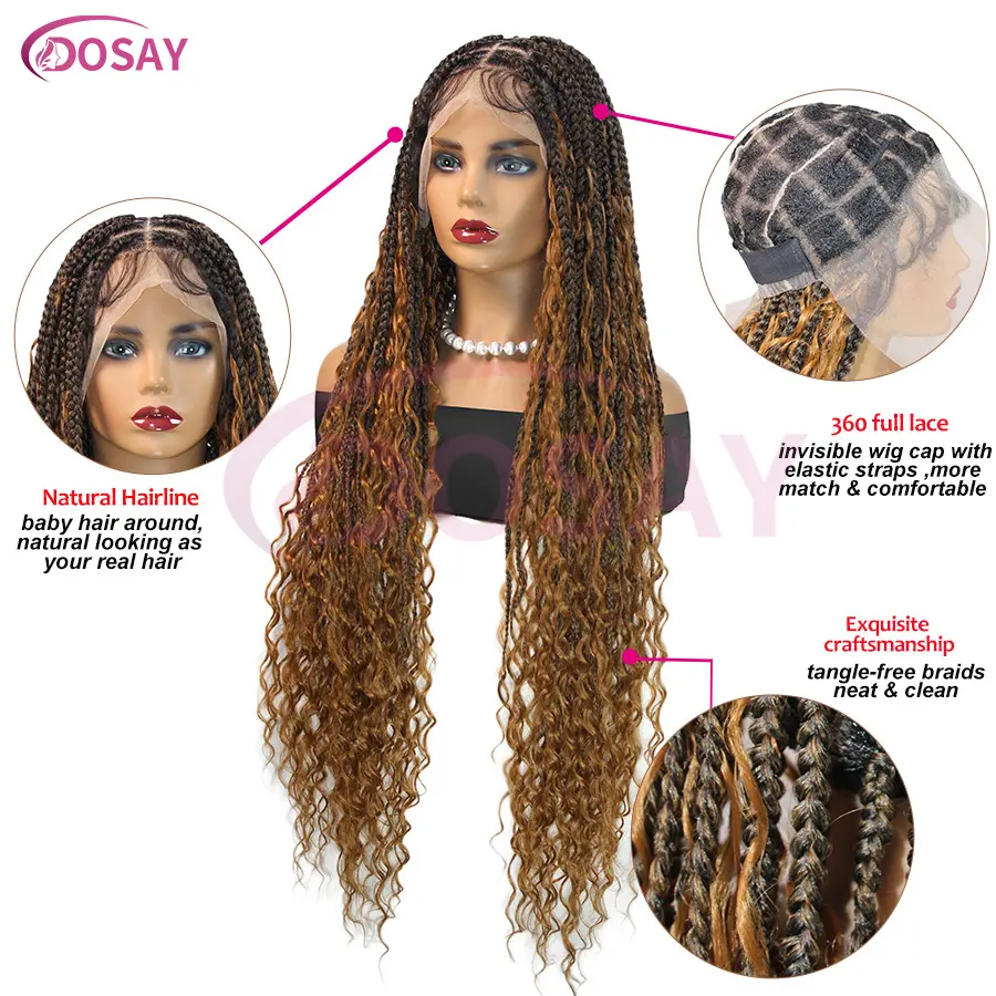Synthetic Knotless Box Cornrows Braid Wigs With Curly Ends Square Part Braided Full Lace Wig For Women T1B 27 Blonde Braided Wig
