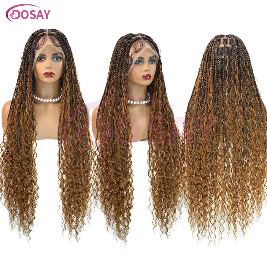 Synthetic Knotless Box Cornrows Braid Wigs With Curly Ends Square Part Braided Full Lace Wig For Women T1B 27 Blonde Braided Wig