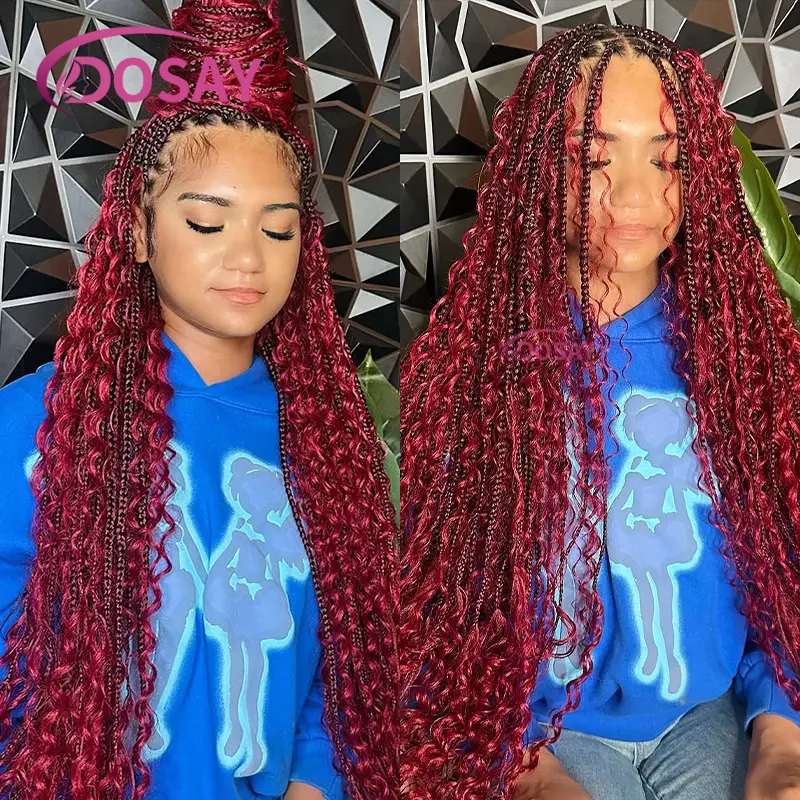 32 Inches Burgundy Knotless Box Braided Wigs Synthetic Full Lace Boho Braided Wigs for Black Women Bohemia Goddess Braided Wig