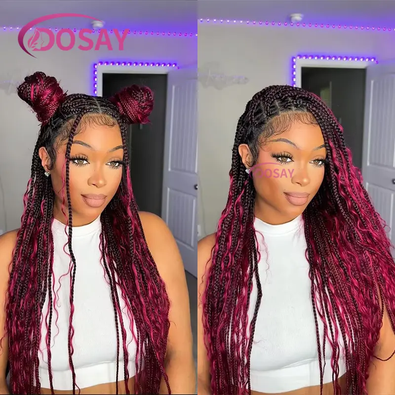 32 Inches Burgundy Knotless Box Braided Wigs Synthetic Full Lace Boho Braided Wigs for Black Women Bohemia Goddess Braided Wig