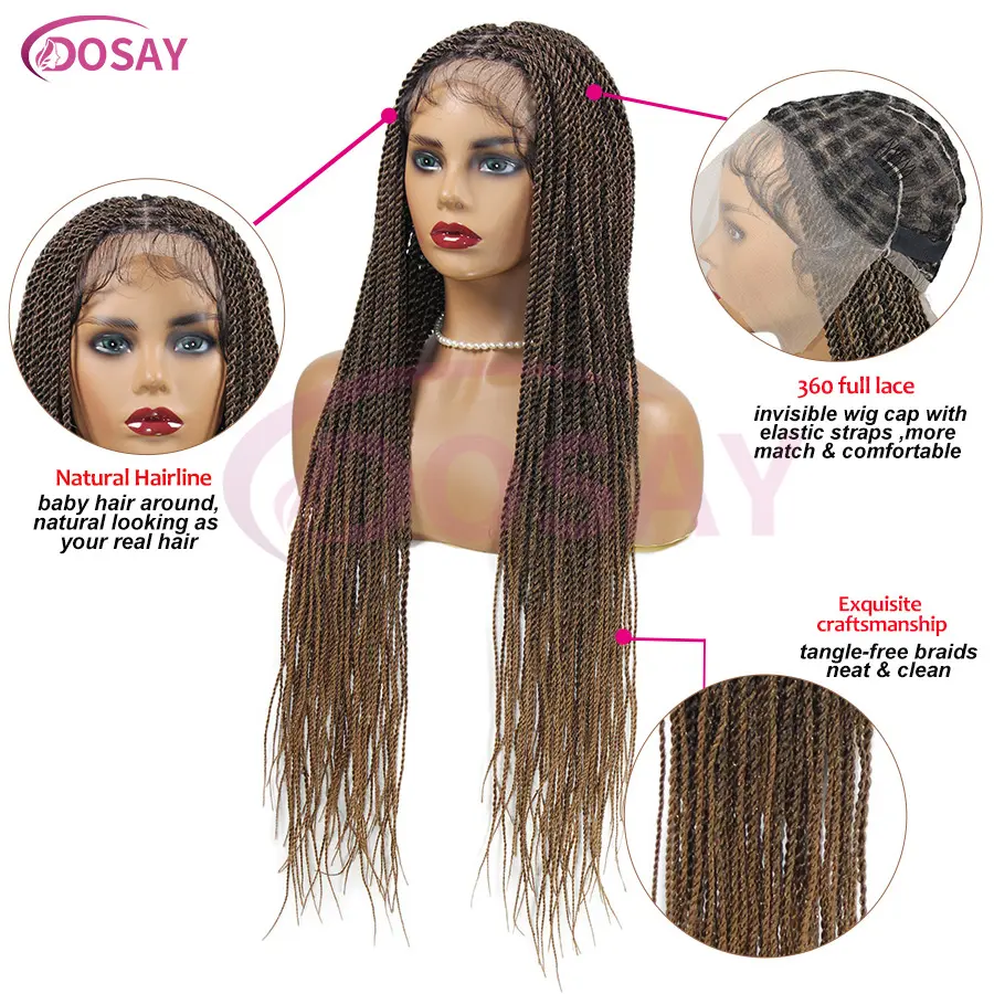 Synthetic Full Lace Senegalese Twists Braids Knotless Small Box Braided Wigs For Women 36'' Ombre Blonde Burgundy Braided Wigs