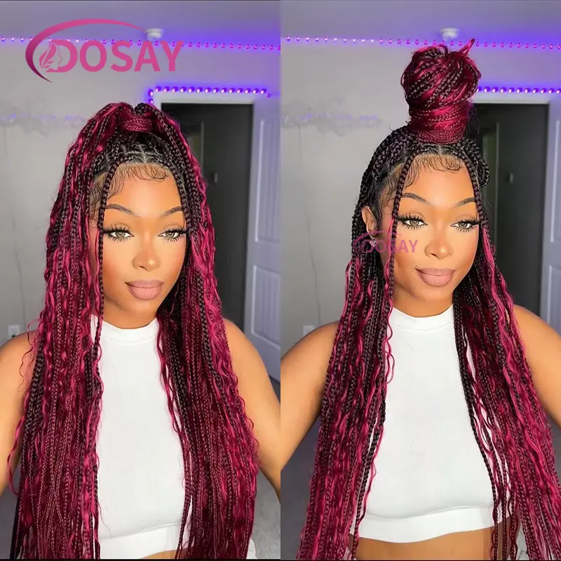32 Inches Burgundy Knotless Box Braided Wigs Synthetic Full Lace Boho Braided Wigs for Black Women Bohemia Goddess Braided Wig
