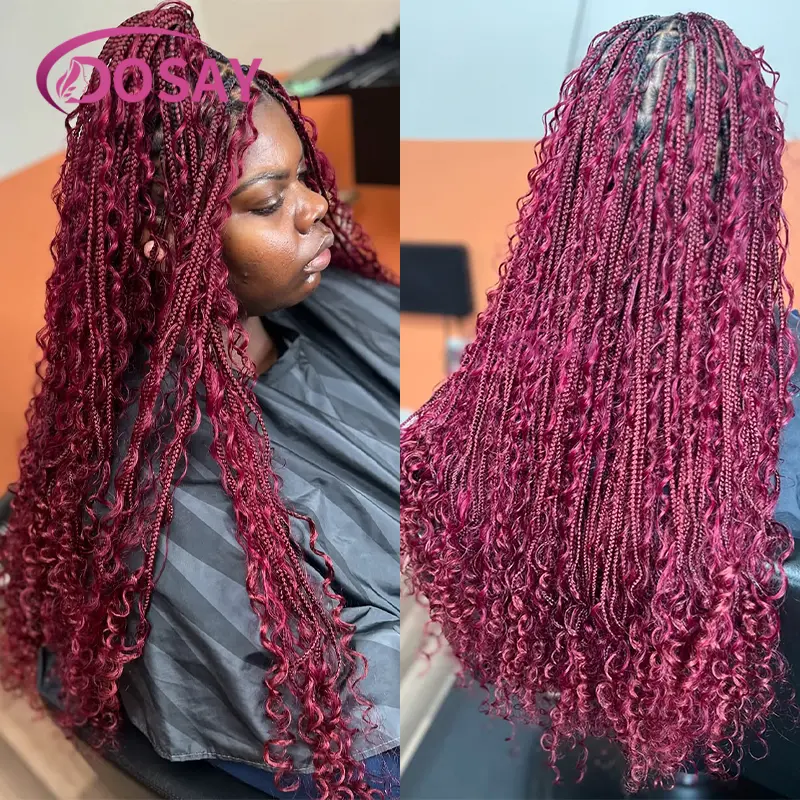 32 Inches Burgundy Knotless Box Braided Wigs Synthetic Full Lace Boho Braided Wigs for Black Women Bohemia Goddess Braided Wig