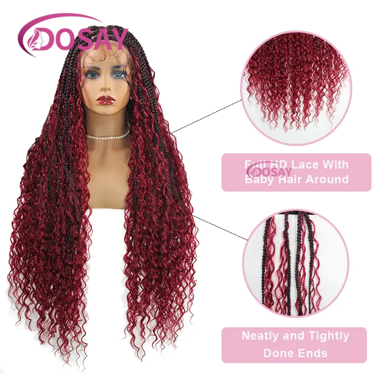 32 Inches Burgundy Knotless Box Braided Wigs Synthetic Full Lace Boho Braided Wigs for Black Women Bohemia Goddess Braided Wig