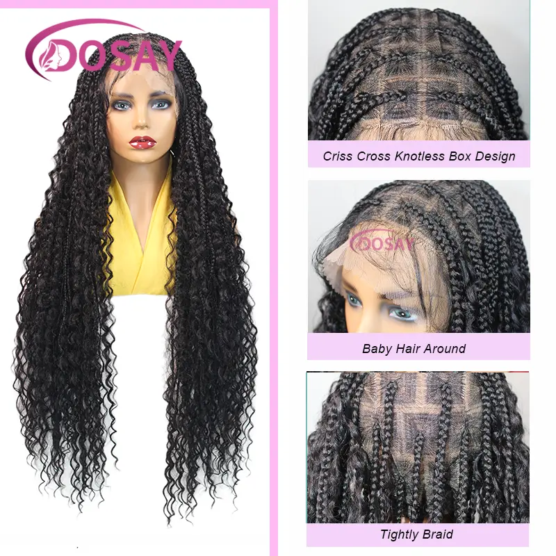 36" Synthetic Full Lace Wig for Black Women Knotless Box Braided Wigs with Baby Hair Cornrow Black Wig Braids African Wig