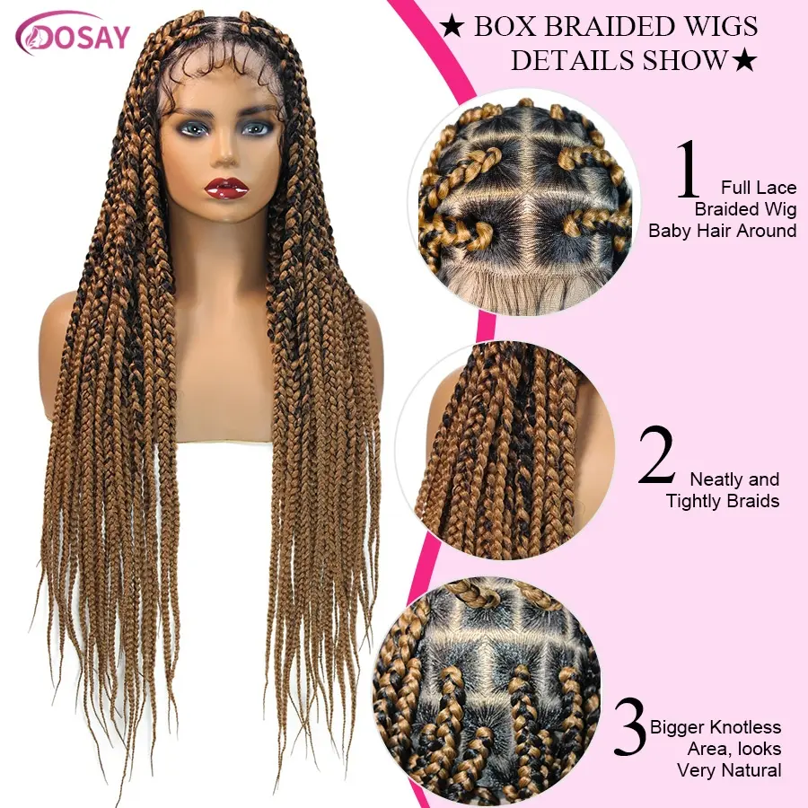 Synthetic Braided Wigs Big Square Box Cornrow Braided Full Lace Wigs With Baby Hair Blonde Tribal Knotless Braids Wig For Women