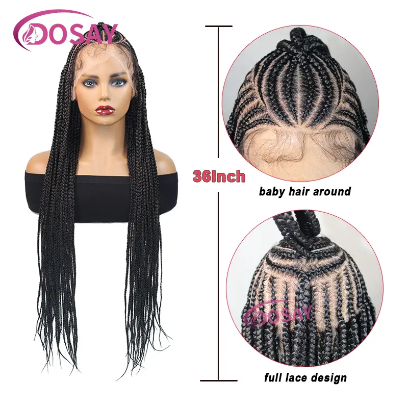 36" Synthetic Braided Wigs Lightweight Full Lace Wig Knotless Box Braids Wig For Women With Baby Hair Braid Lace Wig