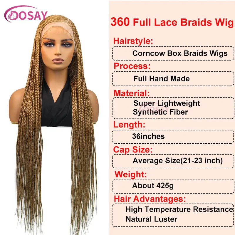 36" Blonde Cornrow Braided Wigs for Black Women Synthetic Side Part Box Braided Wig Full Lace Front Wig Faux Locs Godness Wig