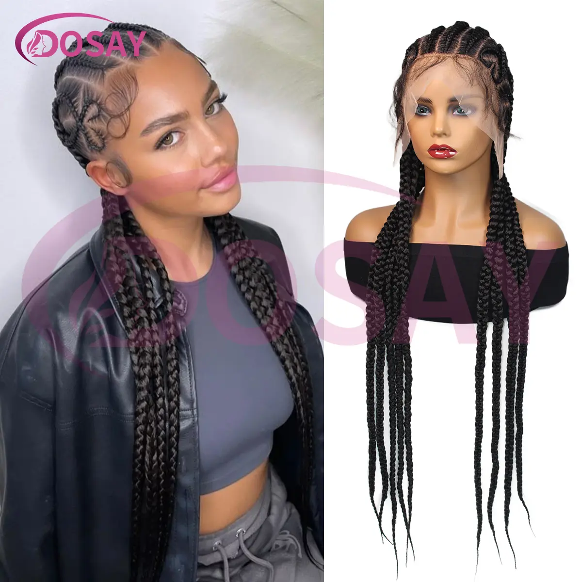 36Inch Heart Full Lace Knotless Box Braided Wig for Women - Synthetic Cornrow Box Style Braided Wig for Daily Use