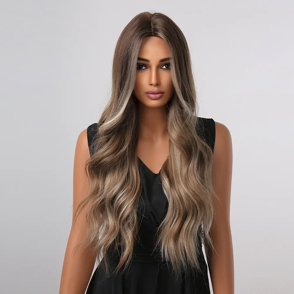ALAN EATON Medium Brown Long Wavy Wig Synthetic Hair Wigs for Women Female African American Mixed Blonde Highlight Wigs Cosplay