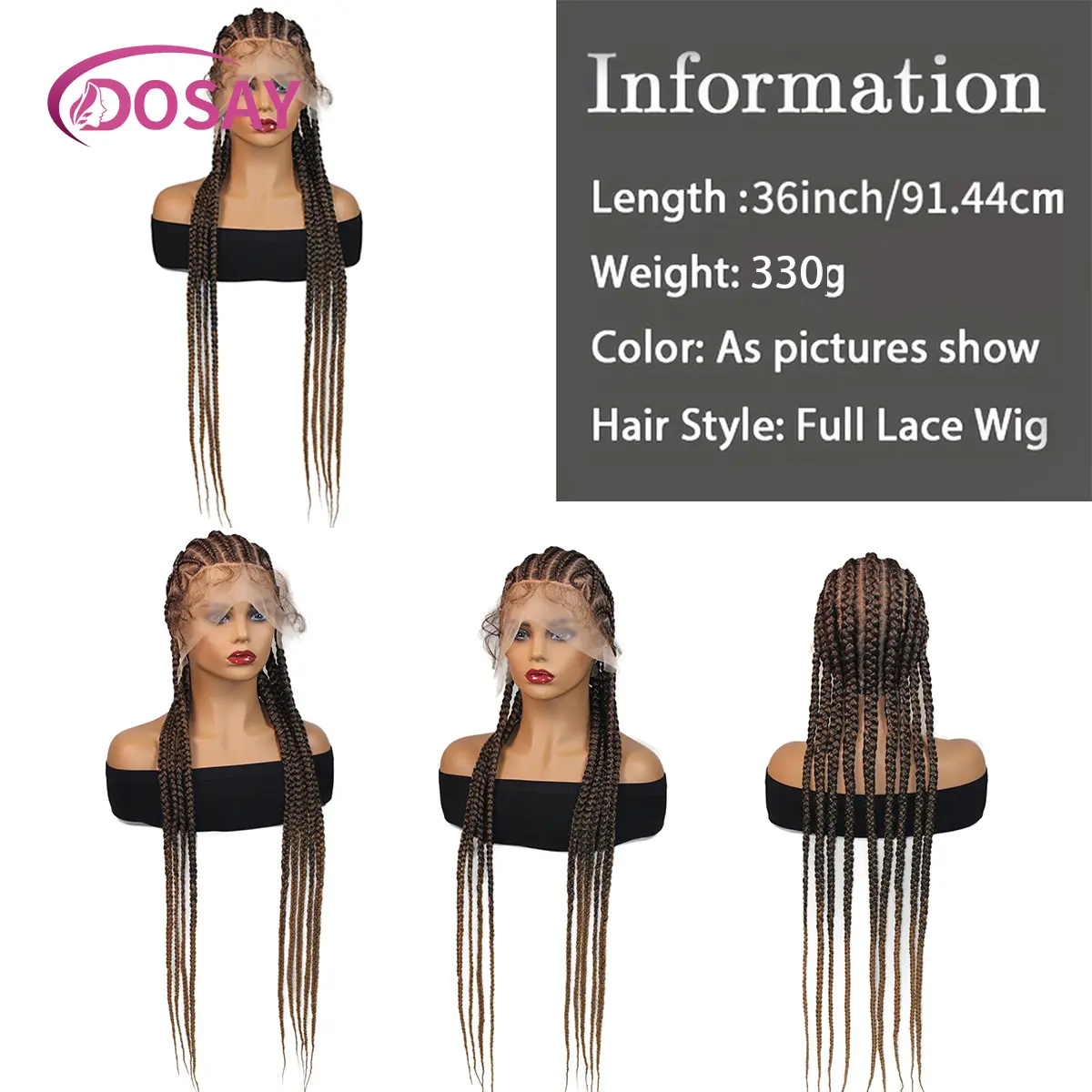36Inch Heart Full Lace Knotless Box Braided Wig for Women - Synthetic Cornrow Box Style Braided Wig for Daily Use