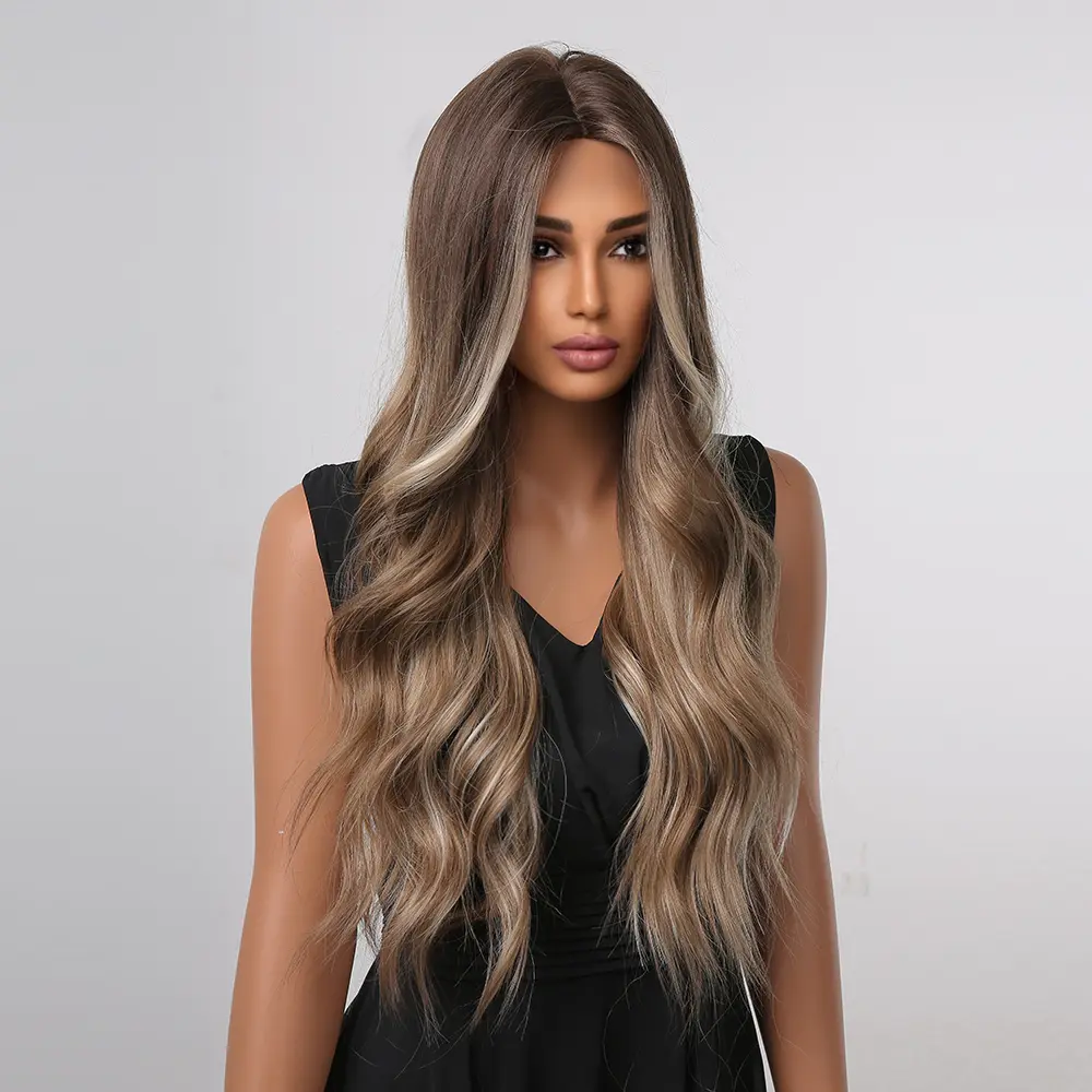 ALAN EATON Medium Brown Long Wavy Wig Synthetic Hair Wigs for Women Female African American Mixed Blonde Highlight Wigs Cosplay