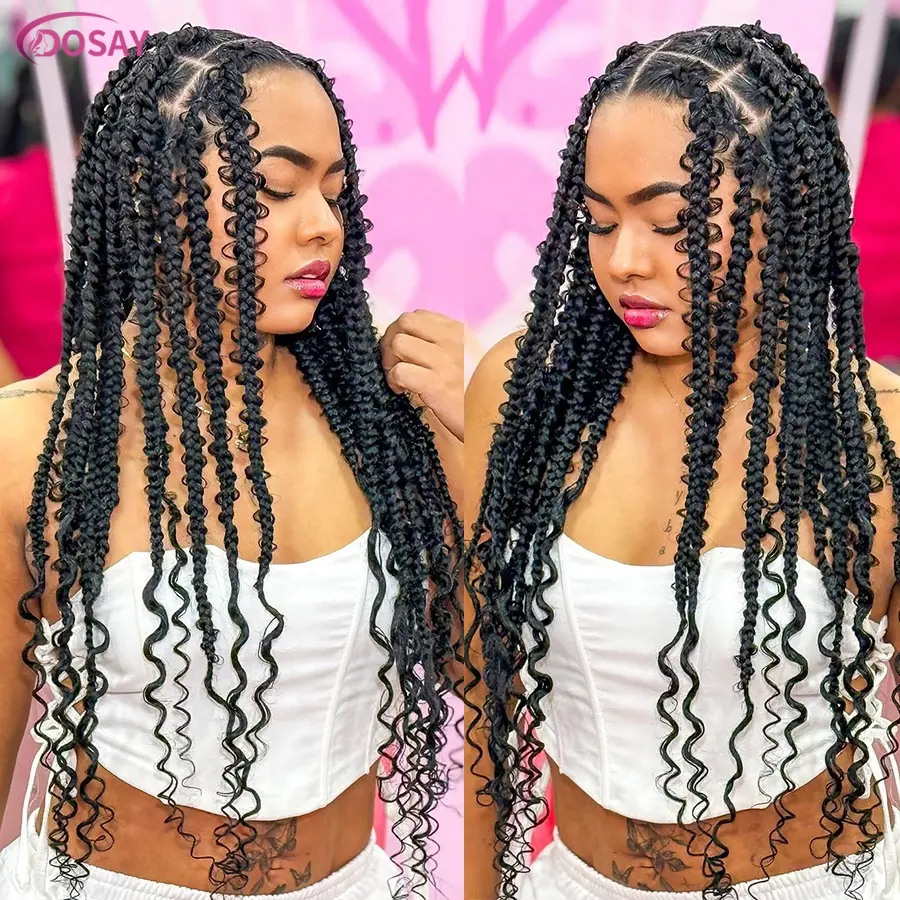 24" Butterfly Braids With Curl Ends Synthetic Knotless Box Braided Wigs For Black Women Goddess Full Lace Front Wig Braided Wigs