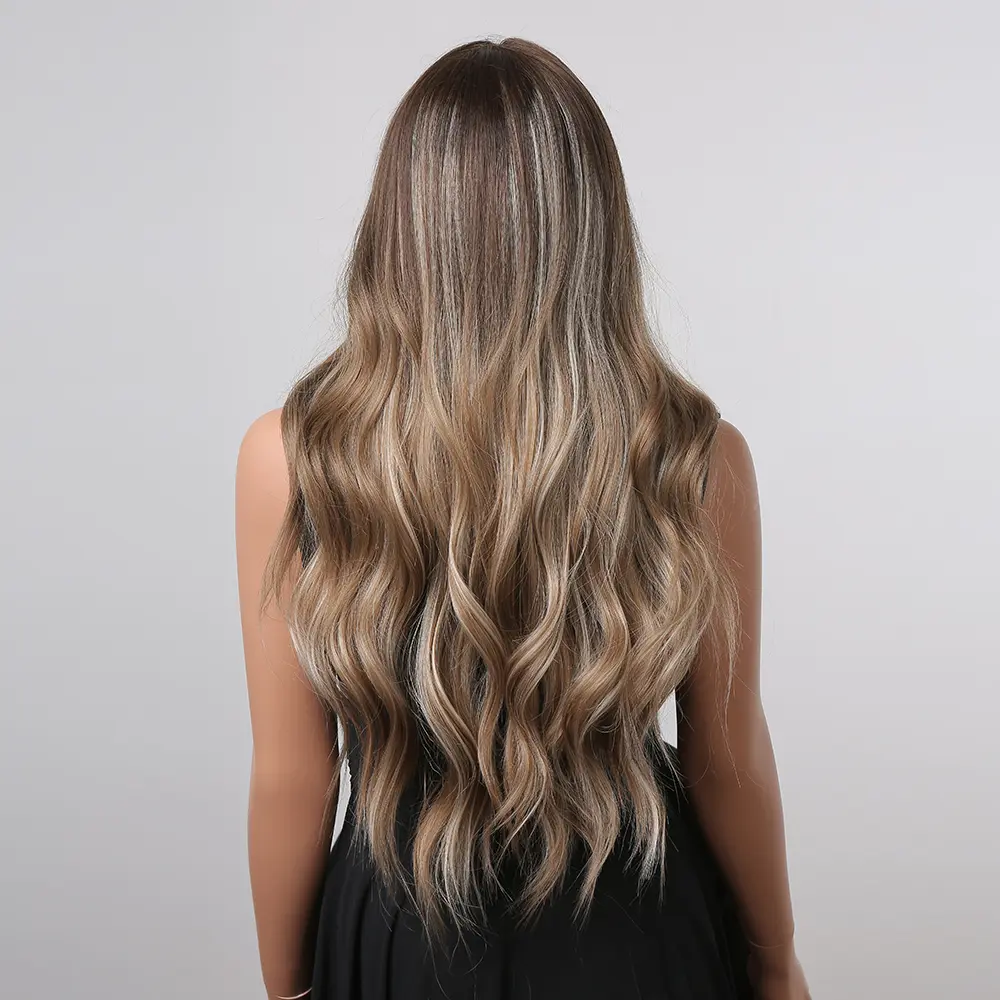 ALAN EATON Medium Brown Long Wavy Wig Synthetic Hair Wigs for Women Female African American Mixed Blonde Highlight Wigs Cosplay