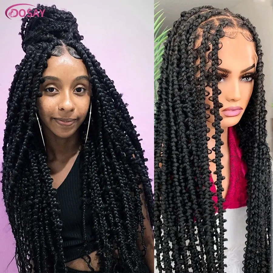 24" Butterfly Braids With Curl Ends Synthetic Knotless Box Braided Wigs For Black Women Goddess Full Lace Front Wig Braided Wigs